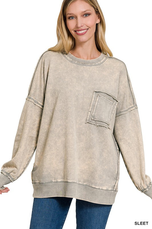 FRENCH TERRY ACID WASH FRONT POCKET PULLOVER