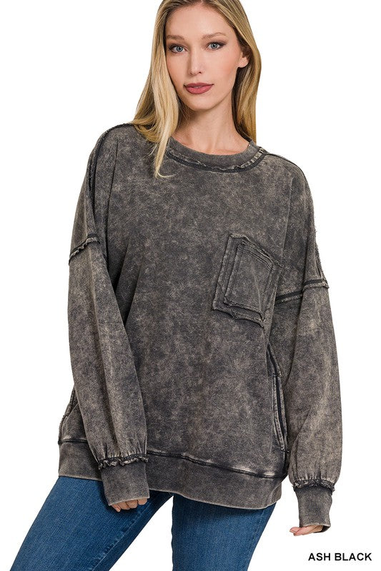 FRENCH TERRY ACID WASH FRONT POCKET PULLOVER