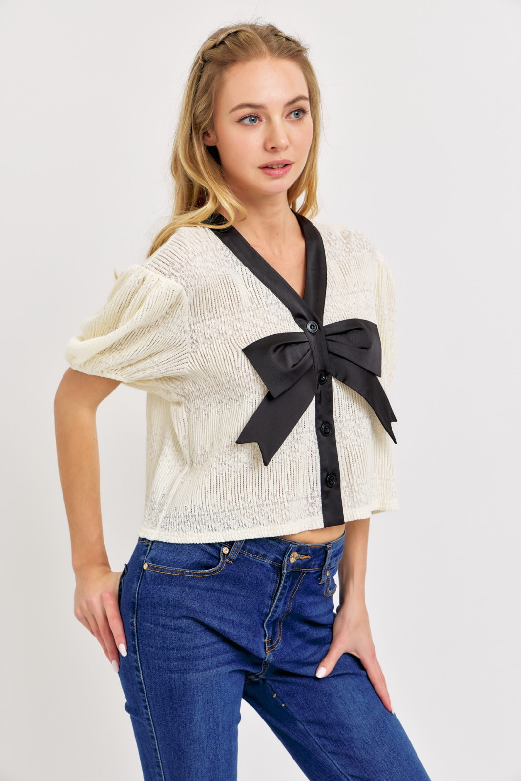 CONTRAST BOW DETAIL PUFF SLEEVE TOP