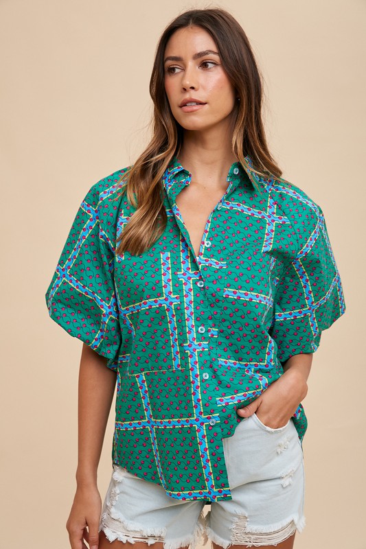 BLOUSE À MANCHES BULLES GÉOMÉTRIQUES