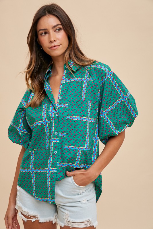 BLOUSE À MANCHES BULLES GÉOMÉTRIQUES
