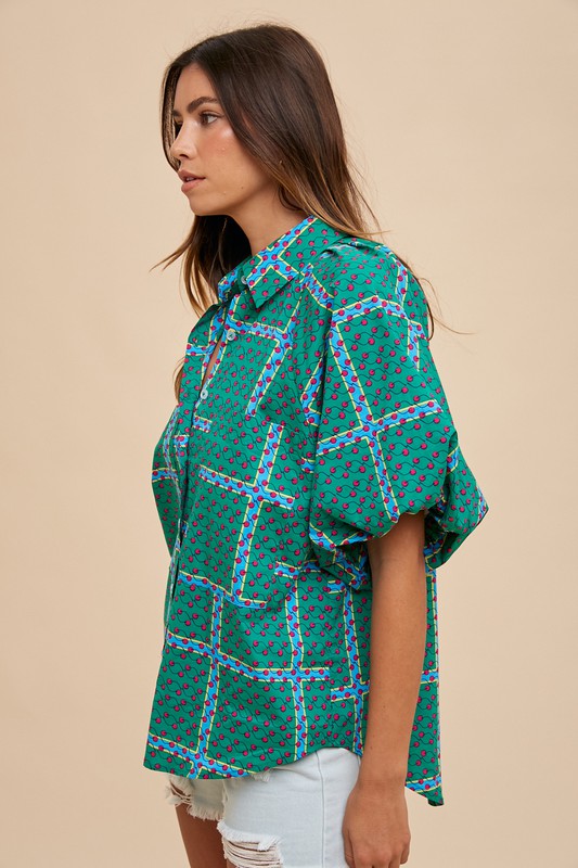 BLOUSE À MANCHES BULLES GÉOMÉTRIQUES