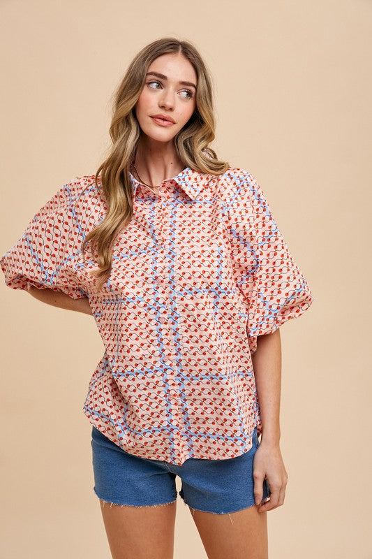 GEOMETRIC BUBBLE SLEEVE BLOUSE