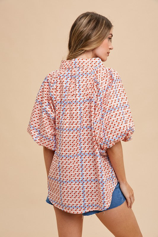 GEOMETRIC BUBBLE SLEEVE BLOUSE