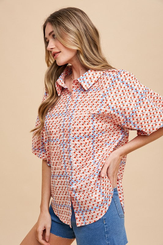 GEOMETRIC BUBBLE SLEEVE BLOUSE