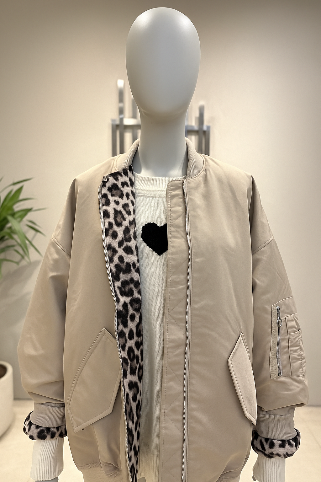 Oversized interior leopard bomber