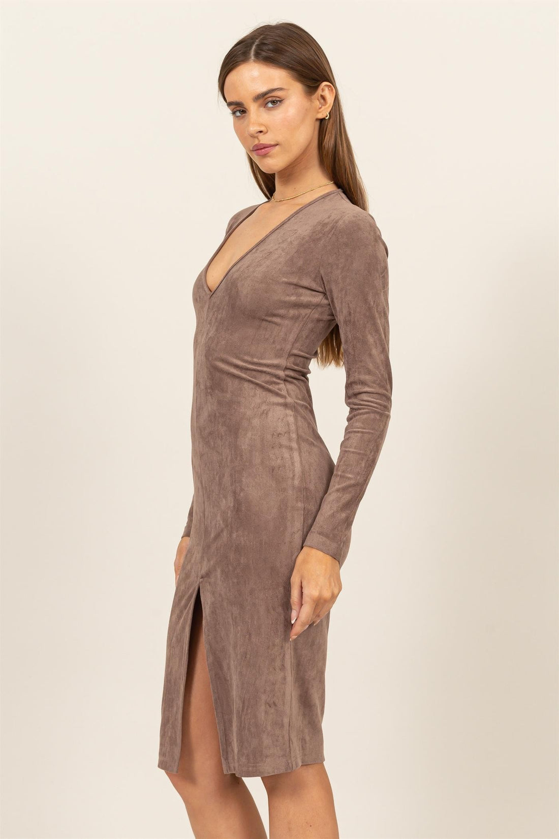 STRETCHY SUEDE SLIT MIDI DRESS