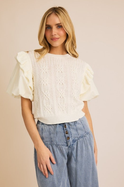 BUBBLE RUFFLE SLEEVE DETAIL SWEATER