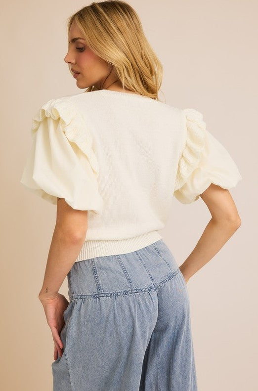 BUBBLE RUFFLE SLEEVE DETAIL SWEATER