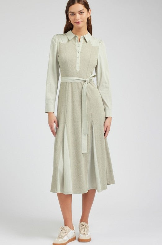 MIXED FABRIC COLLARED MIDI DRESS