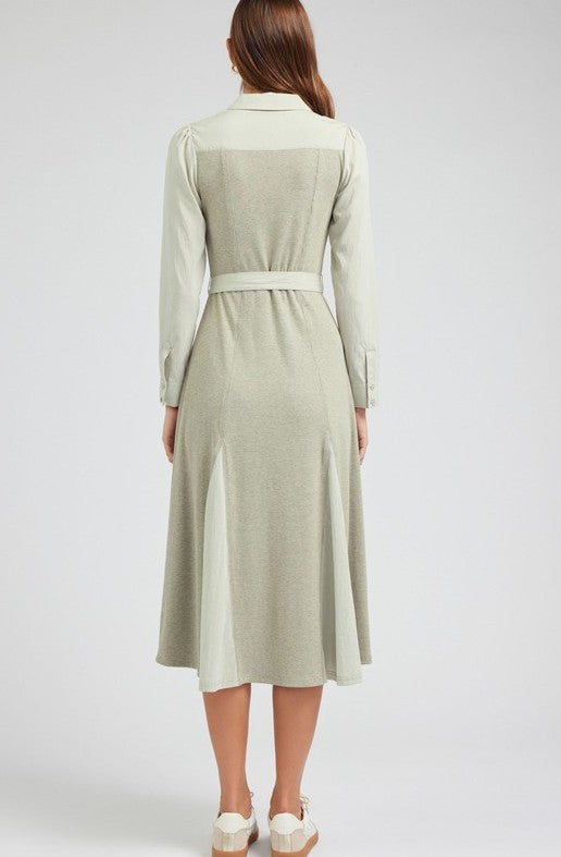 MIXED FABRIC COLLARED MIDI DRESS