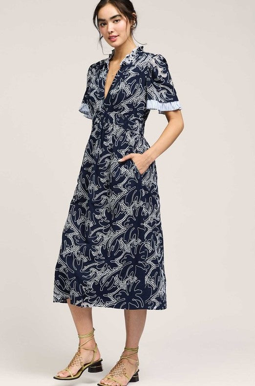 EMBROIDERY V-NECK MIDI DRESS