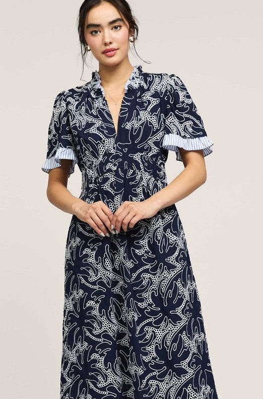 EMBROIDERY V-NECK MIDI DRESS