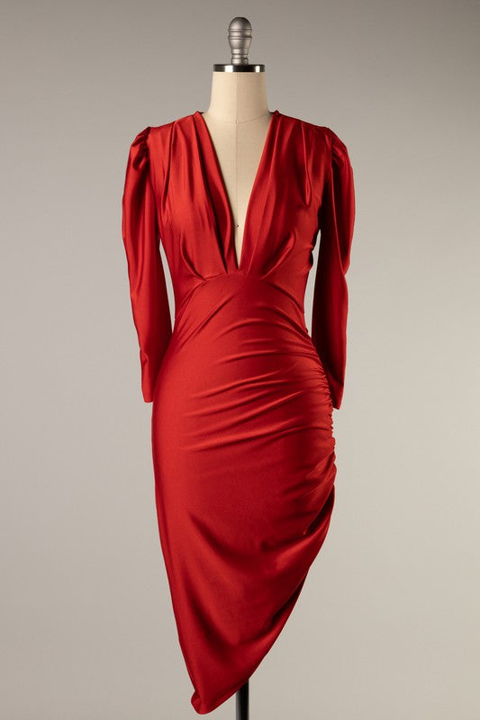 Solid long Sleeve V-Neck Dress