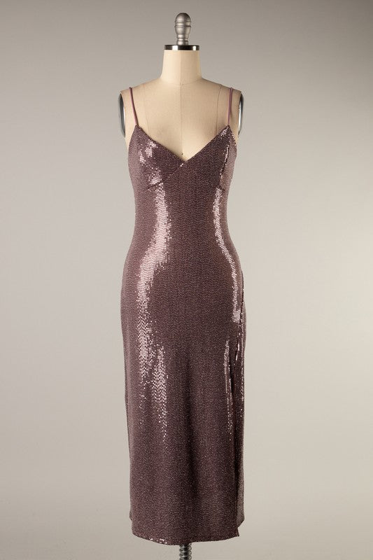 Sleeveless sequin midi bodycon dress with slit