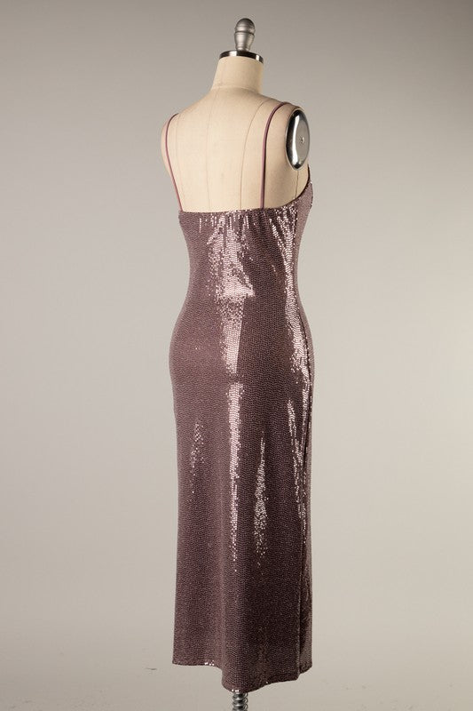 Sleeveless sequin midi bodycon dress with slit