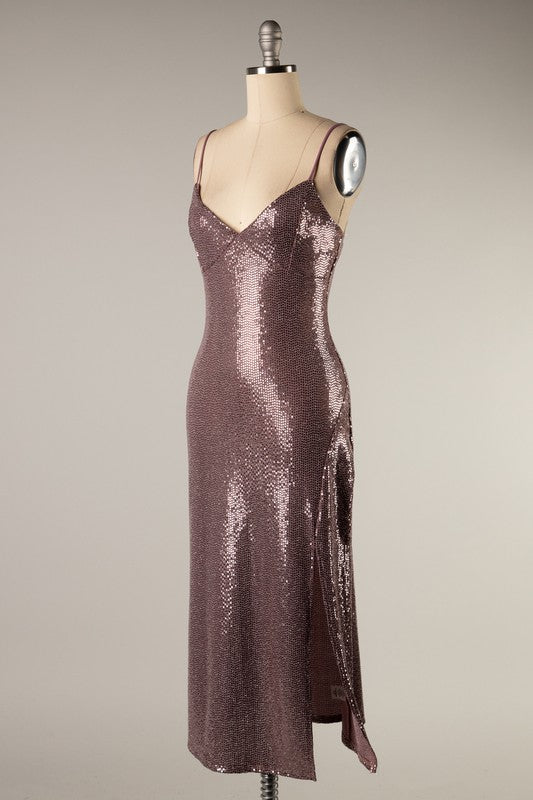 Sleeveless sequin midi bodycon dress with slit