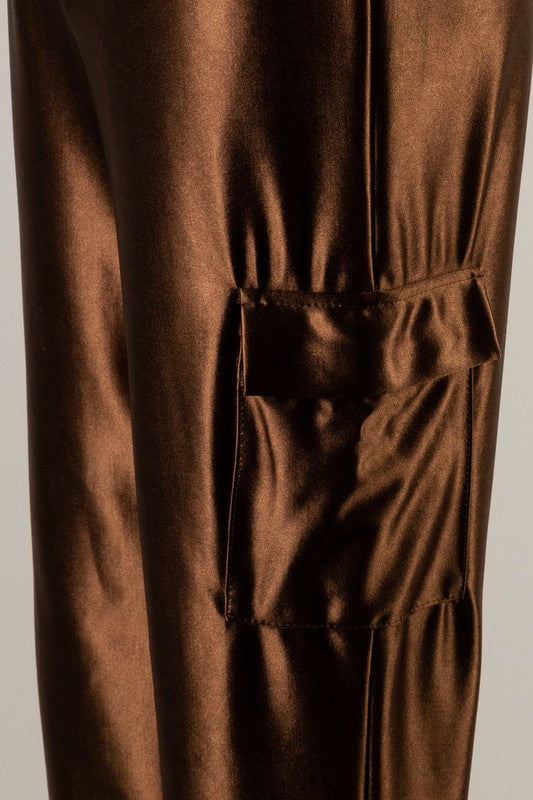 Pantalon cargo droit en satin