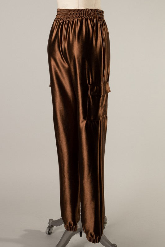 Pantalon cargo droit en satin