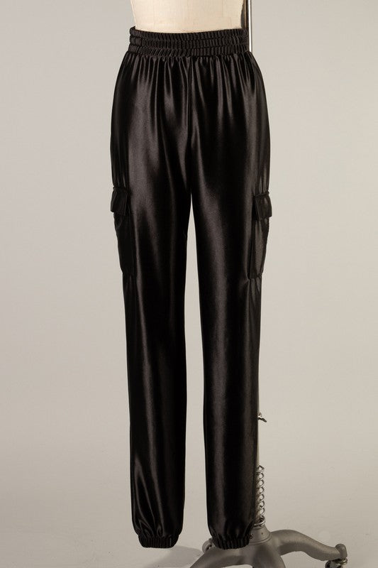 Pantalon cargo droit en satin