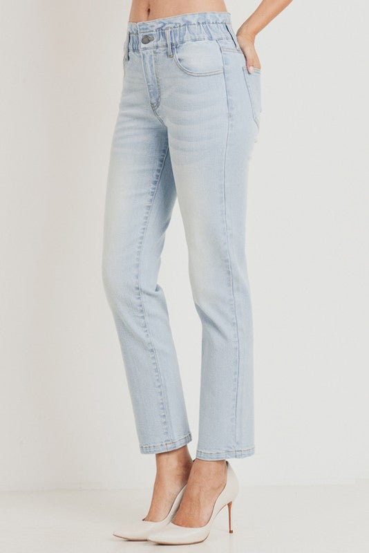 Paperbag elastic waist straight jeans
