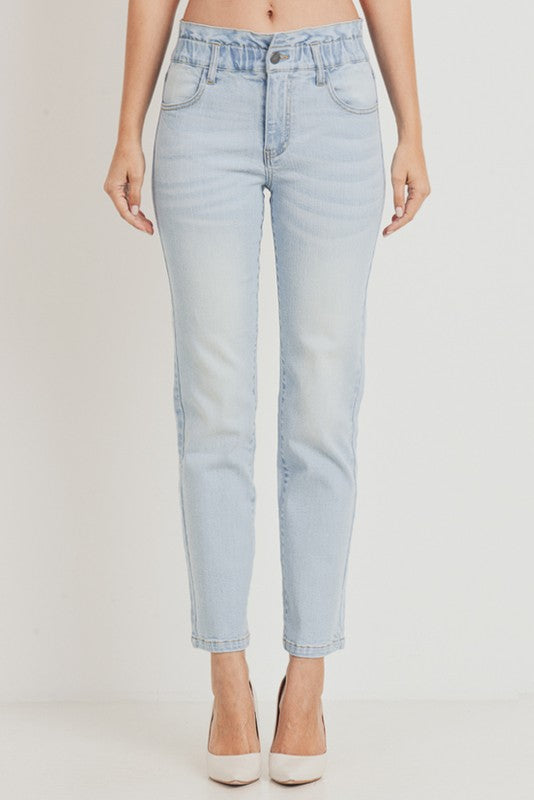 Paperbag elastic waist straight jeans