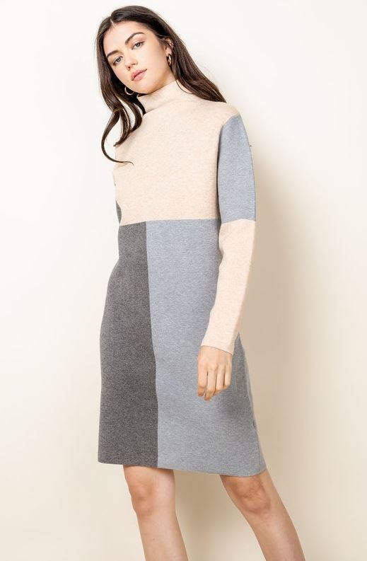 Colorblocked Long Sleeve Dress Beige L