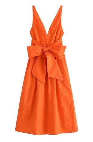 SOLID DEEP V-NECK DRESS WITH WAIST BOW TIE