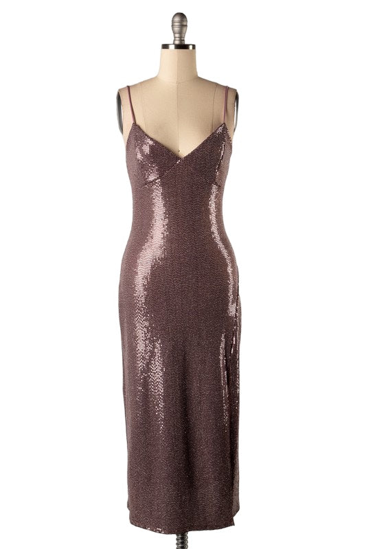 Sleeveless sequin midi bodycon dress with slit